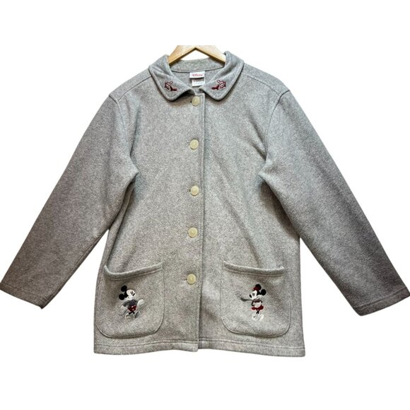 Disney Store Adult Mickey Minnie Mouse Button Up Fleece Jacket Size Medium Gray - Picture 1 of 11